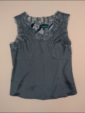 Y2k La Redoute Lace Trim Satin Shell — Slate Blue